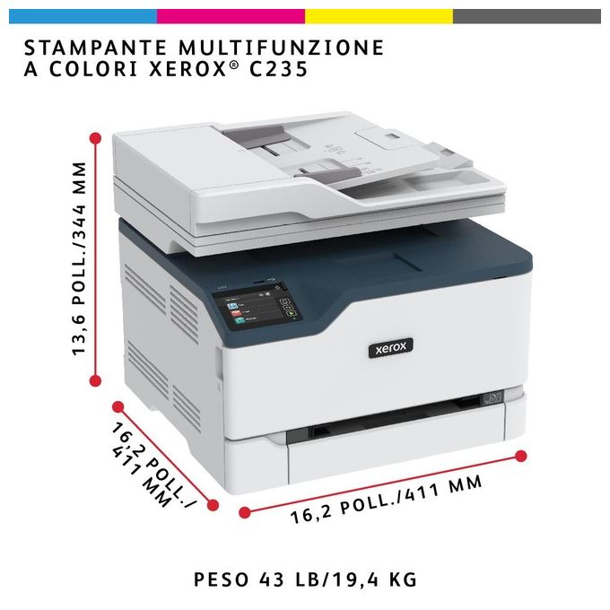 Xerox C235V_DNI Multifunzione Laser A4 Colore Stampa Copia Scansione Fax 22 ppm Wi-Fi Fronte Retro ADF Touch colore Bianco