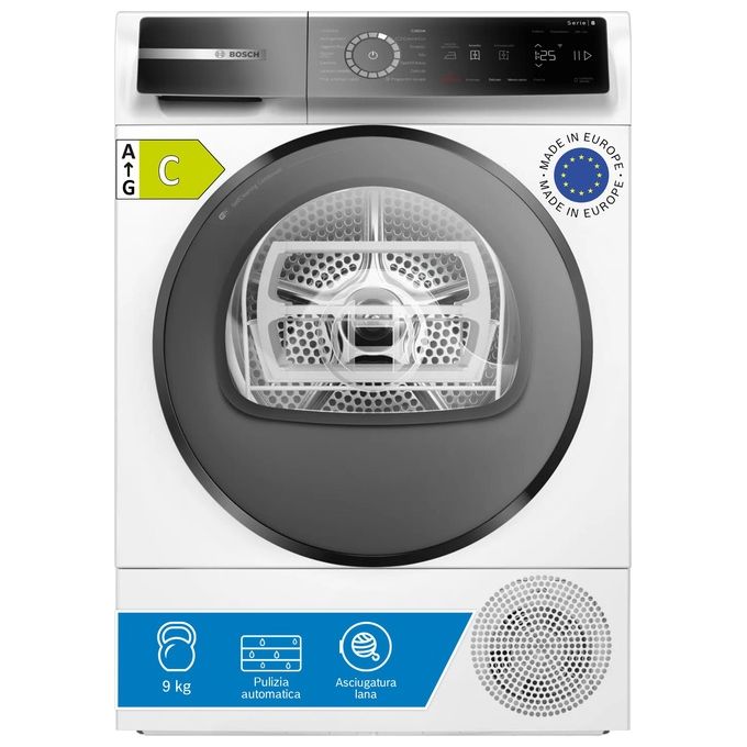 Bosch WQB245B0IT Serie 8 Asciugatrice Pompa di Calore 9 Kg Classe C Condensatore Autopulente Home Connect SmartDry (84x60x61 cm) colore Bianco