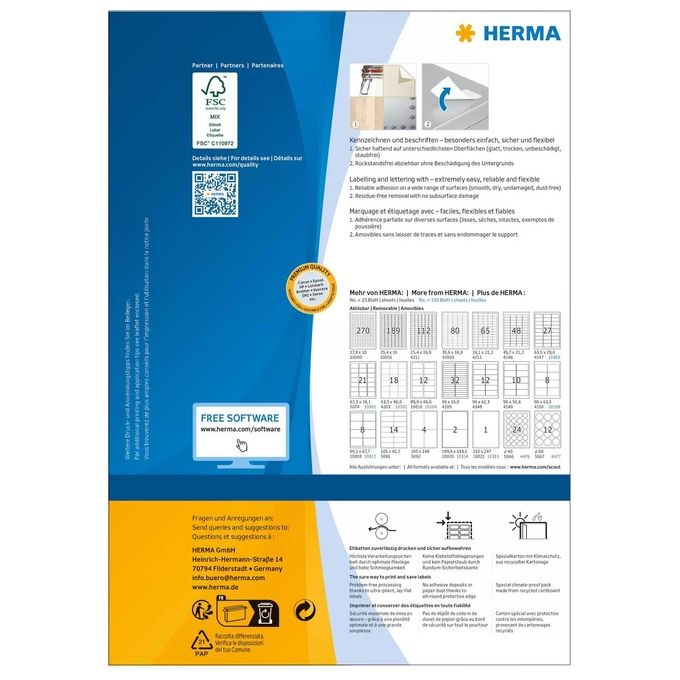Herma Etichette Rimovibili 96x63,5mm 100 Fogli DIN A4 800 Pezzi