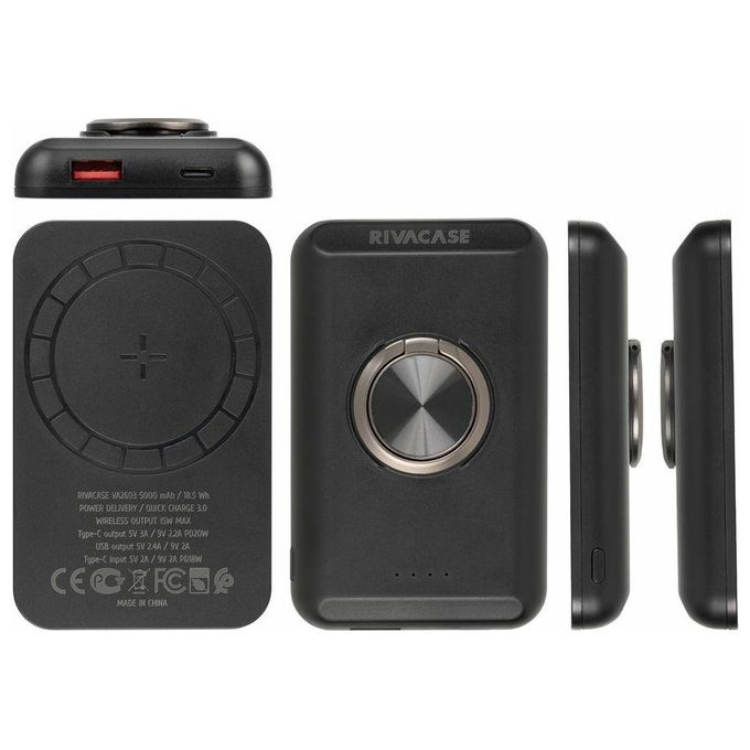 Rivacase VA2603 Power Bank 5000 mAh MagSafe Qi 15W Ricarica Rapida QC 3.0 USB-A USB-C colore Nero