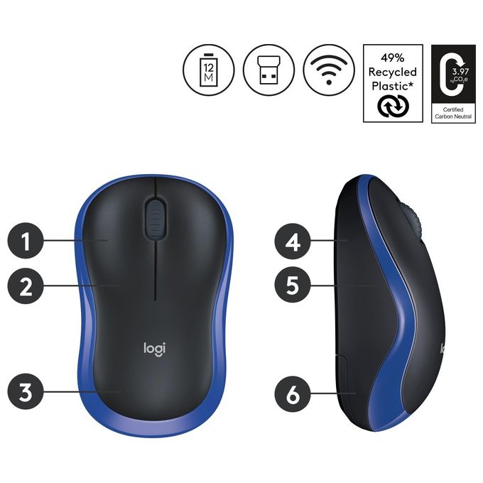 Logitech Mouse Wireless M185 Blu