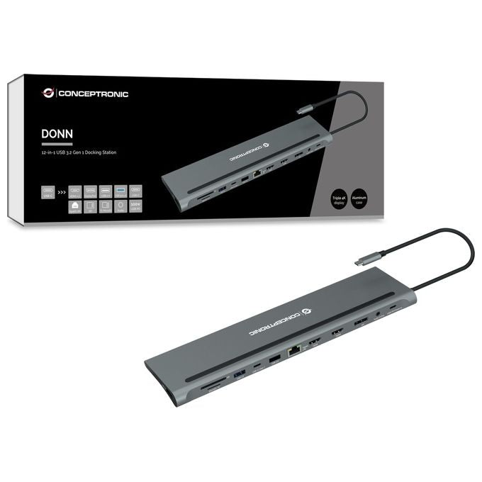 Conceptronic DONN17G Docking Station 12 in 1 USB 3.2 Gen 1 Type-C Triplo Display 4K HDMI DisplayPort USB PD 100W GbE SD colore Grigio
