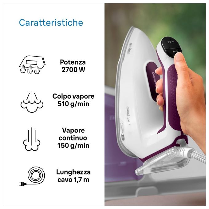 Braun IS7266VI CareStyle 7 Ferro da Stiro con Caldaia 2700 W 7,5 bar 2 L Piastra EloxalPlus FreeGlide 3D colore Viola