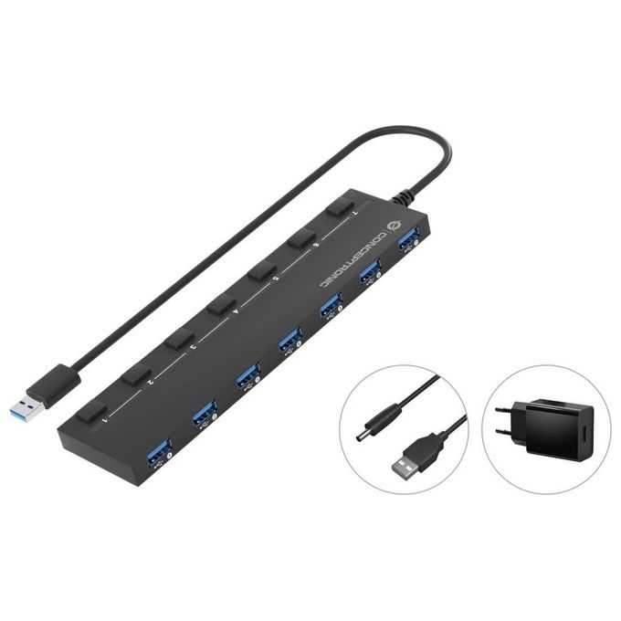 Conceptronic HUBBIES19BP Hub USB 3.2 Gen 1 a 7 porte con alimentatore incluso interruttori di alimentazione individuali cavo da 90 cm colore Nero