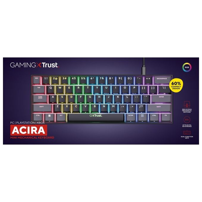 Trust 24884 GXT 867 Acira Tastiera Gaming Meccanica USB QWERTY Italiano 60% RGB Cavo Rimovibile 1 8 m colore Nero