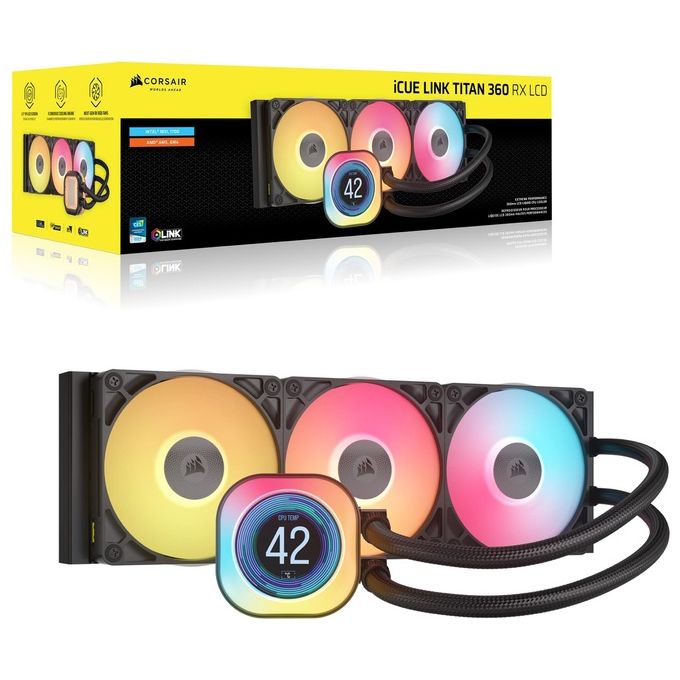 Corsair CW-9061023-WW iCUE LINK TITAN 360 RX LCD Raffreddatore d'aria 12 cm 3 ventole LED RGB LGA 1851 LGA 1700 AM4 AM5 colore Nero
