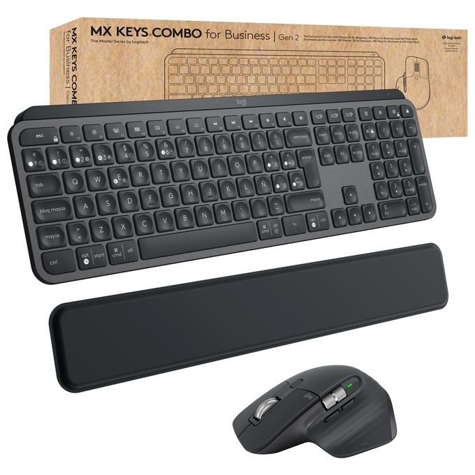 Logitech 920-010929 MX Keys Combo for Business Gen 2 Tastiera e Mouse Wireless Full Size con Poggiapolsi Bluetooth Logi Bolt QWERTY Italiano Retroilluminata Silenziosa Windows Mac ChromeOS Linux colore Grafite