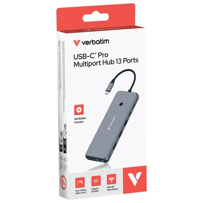 Verbatim CMH-13 Hub USB-C Pro Multiporta 13 Porte 2x HDMI 8K DisplayPort RJ45 PD 85W 10 Gbps colore Argento