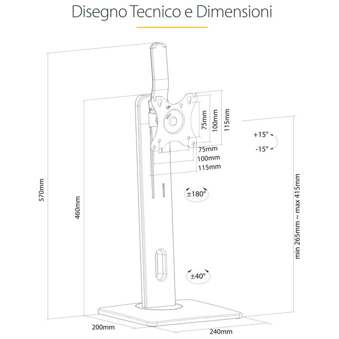 StarTech.com FPPNEUSTND Supporto da Tavolo per Monitor Regolabile Altezza 265-415 mm Inclinazione -15° +15° Rotazione 180° VESA 75x75 100x100 mm colore Nero
