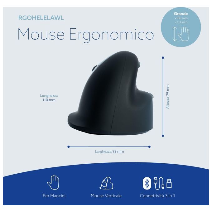 R Go Tools RGOHELELAWL Mouse Ergonomico HE Break Wireless per Mancini con Software di Pausa 5 Pulsanti Programmabili Batteria Ricaricabile colore Nero