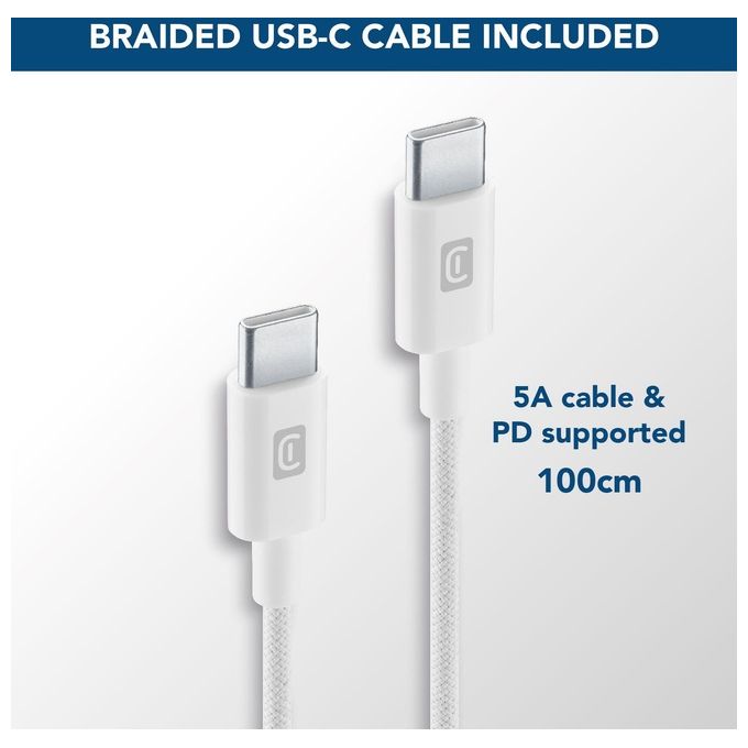Cellularline ACHKITC2CGAN65TABW Multipower Caricabatterie da Rete 65W con Tecnologia GaN 3 Porte USB-C e USB-A Cavo Incluso 100 cm colore Bianco