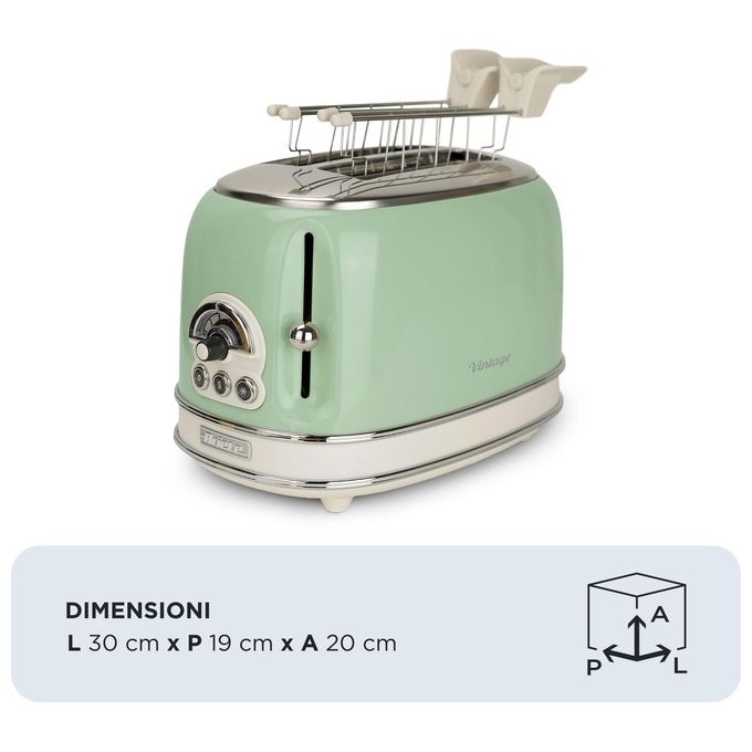 Ariete 155 Tostapane Vintage Verde 2 Fette con Pinze 6 Livelli di Tostatura 810W Corpo Acciaio Inossidabile Vassoio Raccoglibriciole Estraibile