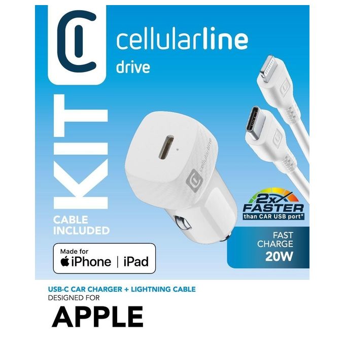 Cellularline KITC2LMFI20W Caricabatterie da Auto USB-C 20W Power Delivery con Cavo USB-C Lightning iPhone 8 e successivi colore Bianco