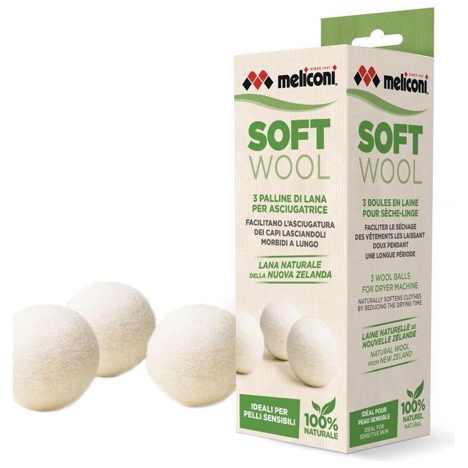 Meliconi 621026 Soft Wool Palline per Asciugatrice in Lana 100% Naturale Set 3 pezzi 7 cm colore Bianco