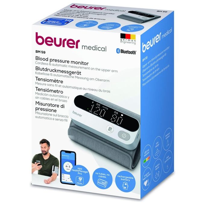 Beurer BM 59 BT Misuratore di Pressione da Braccio Bluetooth rilevamento aritmie indicatore LED 2 utenti 120 misurazioni bracciale 22-42 cm