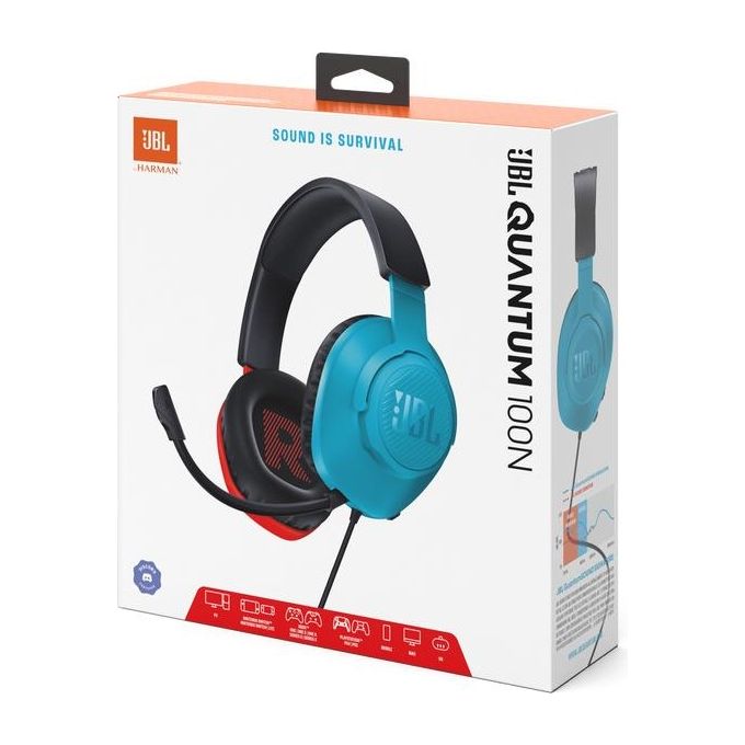 JBL JBLQTUM100N Quantum 100N Cuffie da Gaming Over-Ear con Filo Microfono Rimovibile QuantumSOUND Signature Memory Foam colore Blu e Rosso