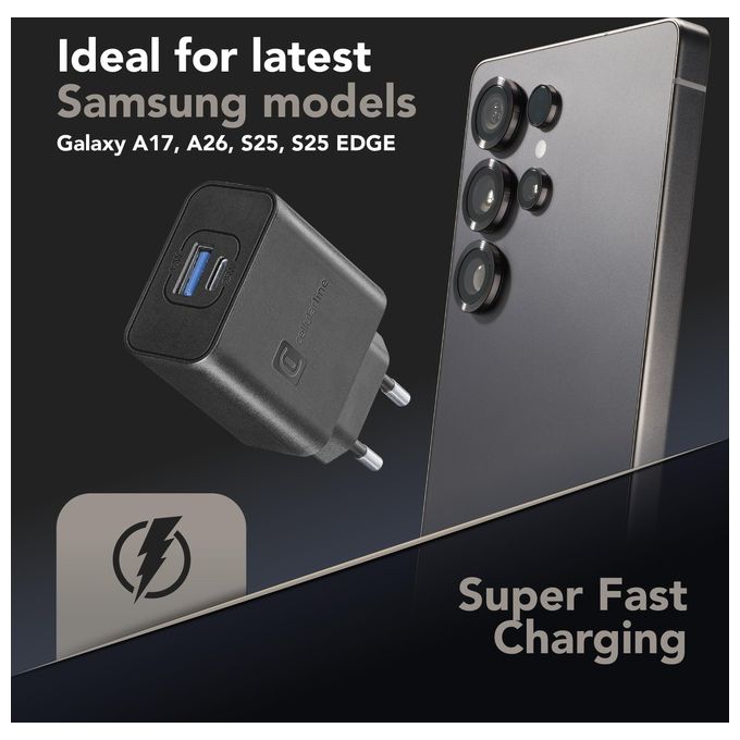 Cellularline ACHSMUSB2PD25WK Dual Super Fast Charger Caricabatterie da Rete 2 Porte USB USB-C 25W colore Nero
