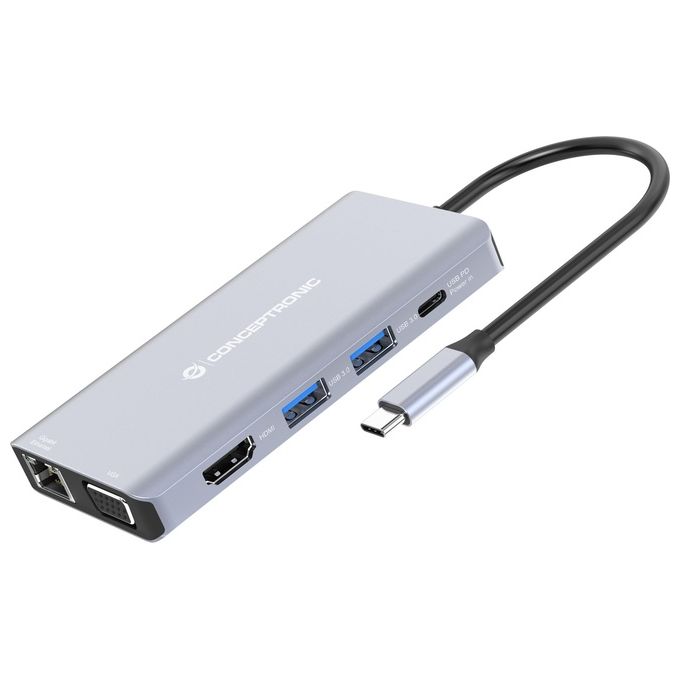 Conceptronic DONN20G Docking Station 10-IN-1 USB 3.2 Gen 1 Type-C HDMI VGA USB-C PD 3x USB 3.0 Gigabit Ethernet SD TF AUX 100 W colore Grigio