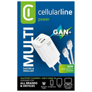 Cellularline ACHKITC2CGAN65TABW Multipower Caricabatterie da Rete 65W con Tecnologia GaN 3 Porte USB-C e USB-A Cavo Incluso 100 cm colore Bianco