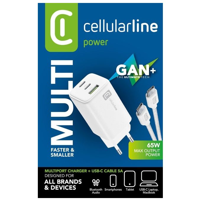 Cellularline ACHKITC2CGAN65TABW Multipower Caricabatterie da Rete 65W con Tecnologia GaN 3 Porte USB-C e USB-A Cavo Incluso 100 cm colore Bianco