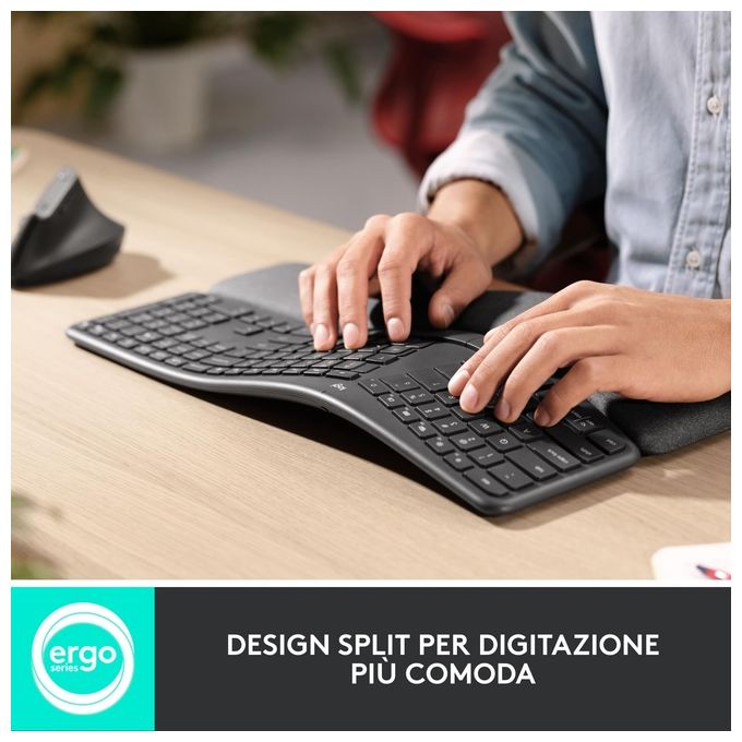 Logitech 920-010349 ERGO K860 Tastiera Split Ergonomica Wireless Bluetooth Layout Italiano QWERTY con Supporto Polso Regolabile colore Grafite
