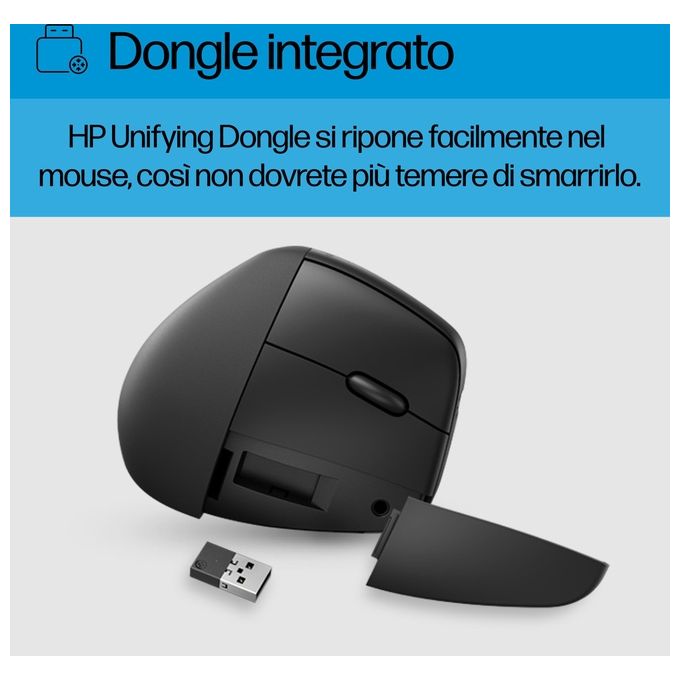 HP 6H1A5AA 925 Mouse Ergonomico Verticale Wireless RF Bluetooth 4000 DPI 6 Tasti Ricaricabile USB Type-C colore Nero