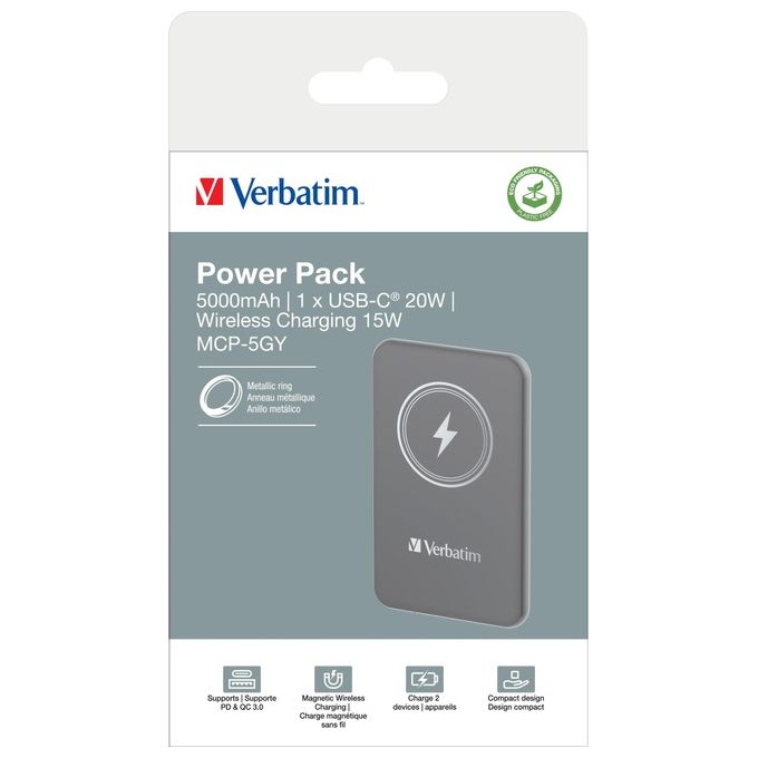 Verbatim Charge 'n' Go Power Bank 5000mah Magnetica Wireless Grigia