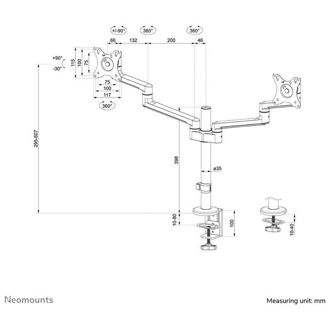 Neomounts W128434745 DS60-425BL2 Braccio per Monitor da Scrivania 2 Schermi Fino a 27'' 8 Kg Regolabile Altezza Profondita' Rotazione 360° colore Nero