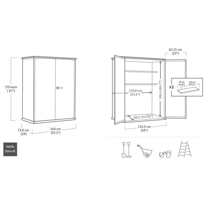 Keter Cortina Alto Casetta da Giardino Rettangolare con Serratura Impermeabile 140x73,6x170,4 cm colore Grigio
