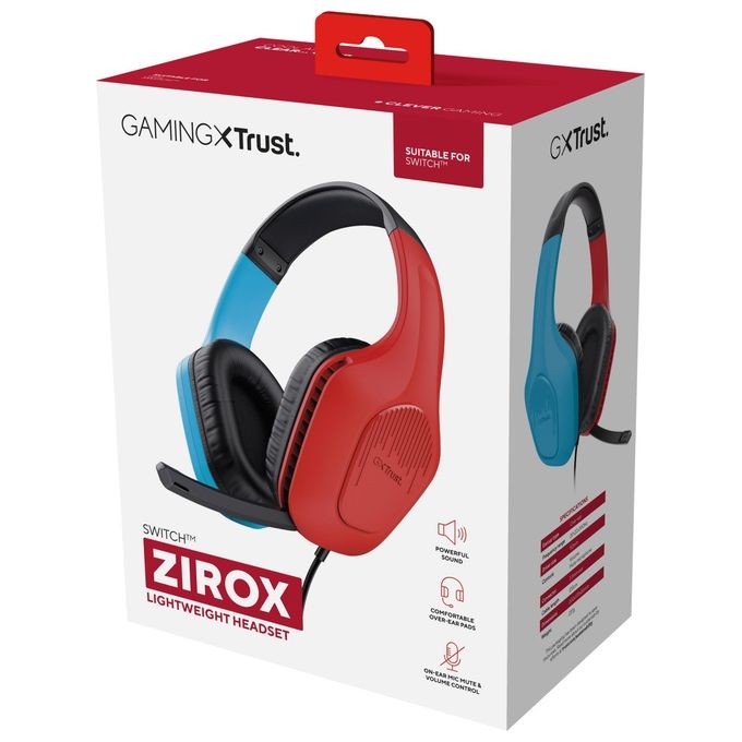 Trust GXT 416S Zirox Auricolare Cablato a Padiglione da Gaming Nero-Ciano-Rosso