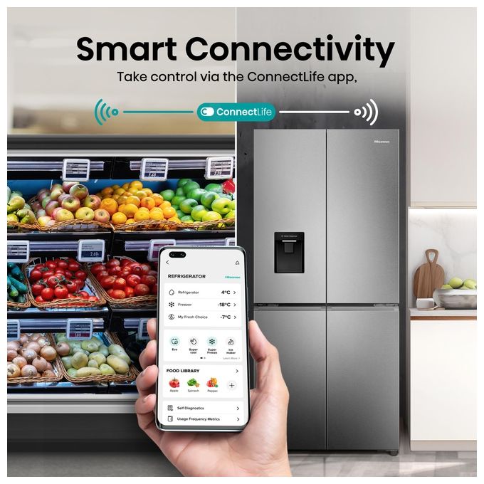 Hisense RQ5P470SMIE Frigorifero 4 Porte 460 L 178 cm Classe E 37 dB Total No Frost Wi-Fi Dispenser Acqua colore Inox