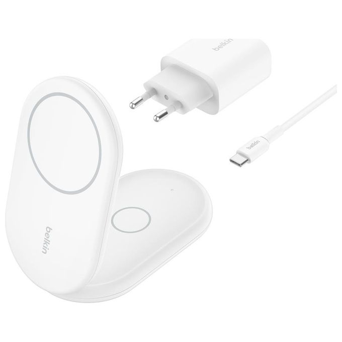 Belkin WIZ028VFWH BoostCharge Supporto di Ricarica Wireless 2-in-1 Qi2 15W con Design Pieghevole e Compatibilita' MagSafe colore Bianco