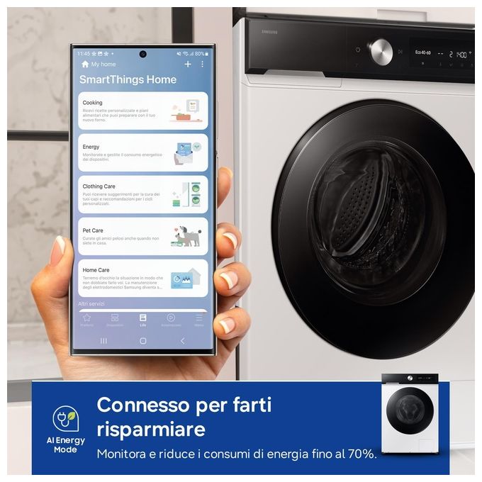 Samsung WW11DB7B94GEU3 BESPOKE AI Lavatrice Frontale 11 Kg 1400 rpm Classe A Ecodosatore Vapore Wi-Fi (85x60x60 cm) colore Bianco