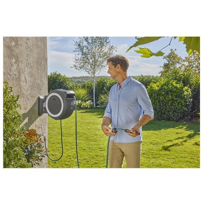 Gardena 18642-20 PowerRoll XL Avvolgitubo a Parete Batteria 18V Tubo 35 m Avvolgimento Automatico colore Nero