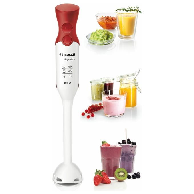 Bosch MSM64010 ErgoMixx - Frullatore a immersione 450 W, 2 velocita' (normale + Turbo), bicchiere graduato incluso, lama QuattroBlade in acciaio inox, colore Bianco e rosso