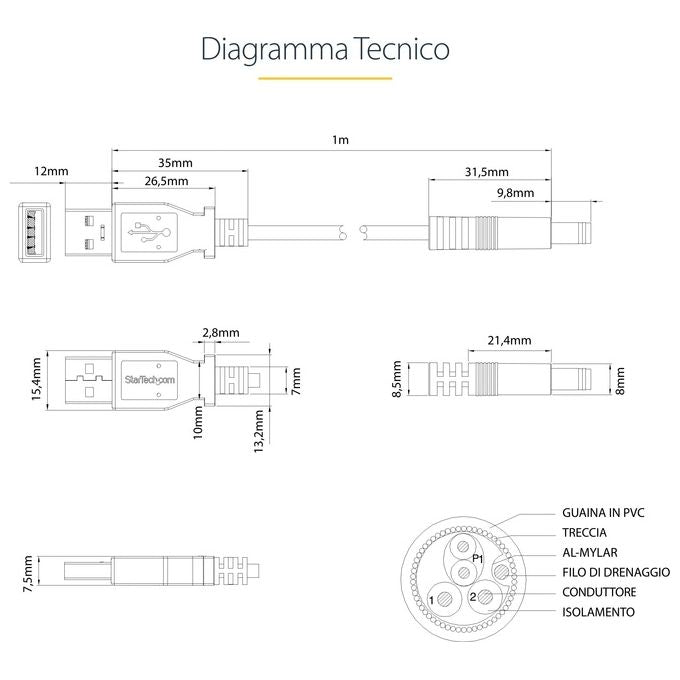 StarTech Cavo di alimentazione USB a barilotto tipo N 1 m 5 V CC - USB A a CC 5,5 mm