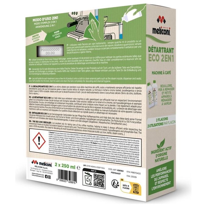 Meliconi Eco 2 in 1 Decalcificante - Liquido decalcificante e igienizzante per macchine da caffe' e piccoli elettrodomestici, compatibile con tutte le macchine espresso, flaconi da 2 × 250 ml, rimuove calcare e odori grazie a formula a base di acido latti