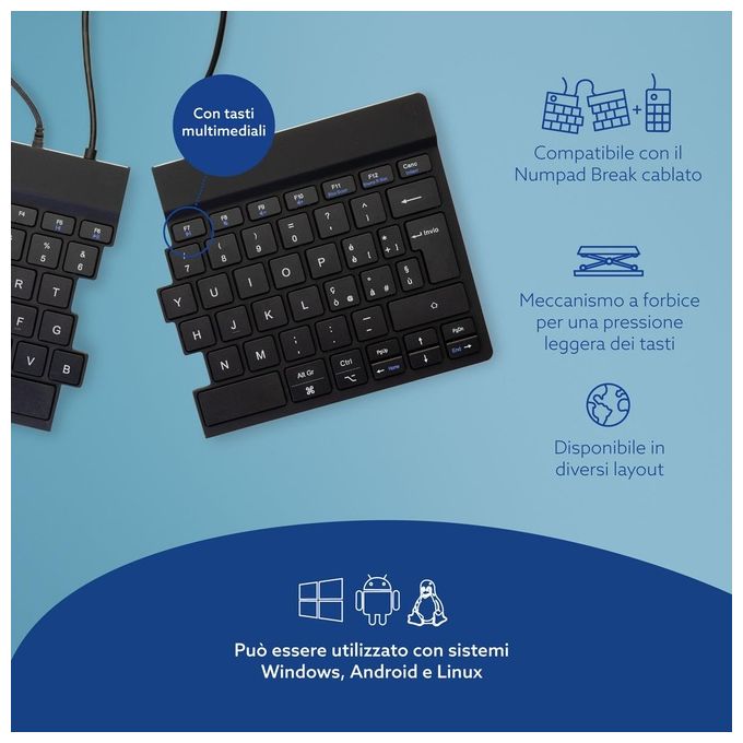 R-Go Tools RGOSP-ITWIBL R-Go Split Tastiera Ergonomica Divisa QWERTY Italiano USB Cablata Forbici Plug and Play colore Nero