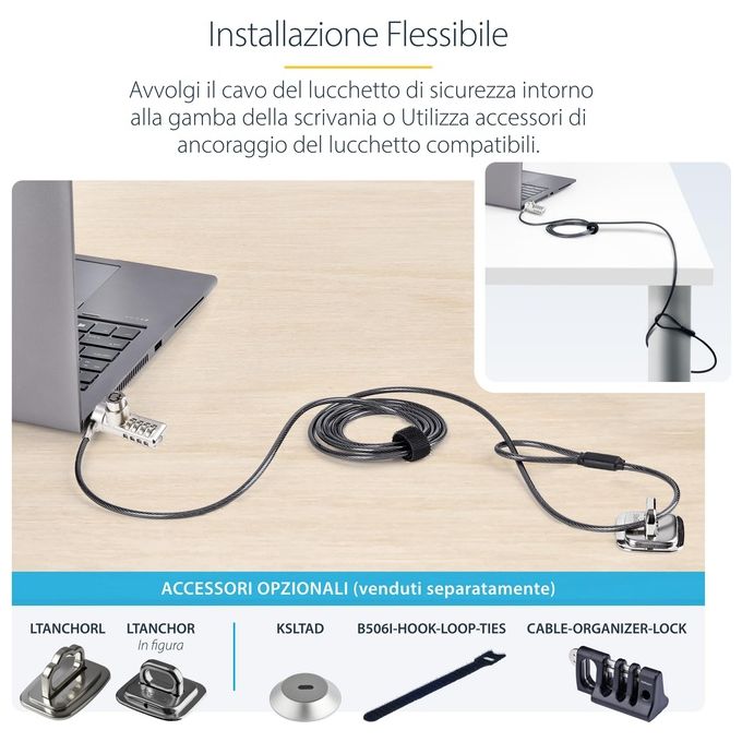 StarTech.com DUALKA10-LAPTOP-LOCK Cavo di Sicurezza per Notebook a Duplice Accesso 2 m con Chiave Identica e Combinazione a 4 Cifre Resettabile Colore Nero