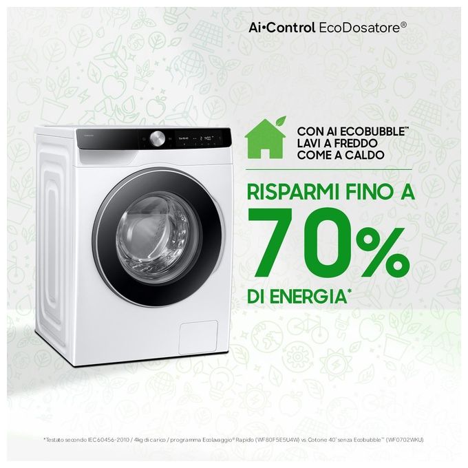 Samsung WW90DG6U85LKU3 AI Ecobubble Lavatrice Frontale 9 Kg 1400 rpm Classe A Wi-Fi Ecodosatore Vapore (85x60x55 cm) colore Bianco