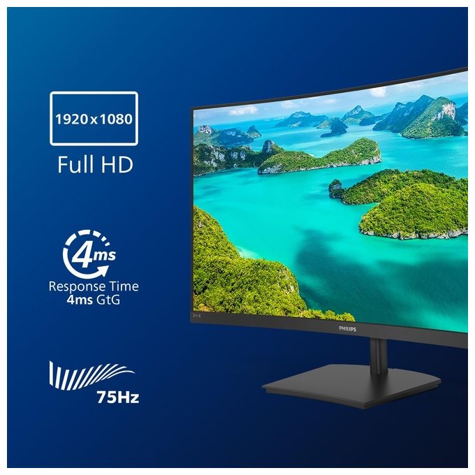 Philips Monitor Curvo 24 Pollici 241E1SCA Freesync 75 Hz LED VA FHD 4ms 3 Side Frameless Casse Audio Integrate Nero
