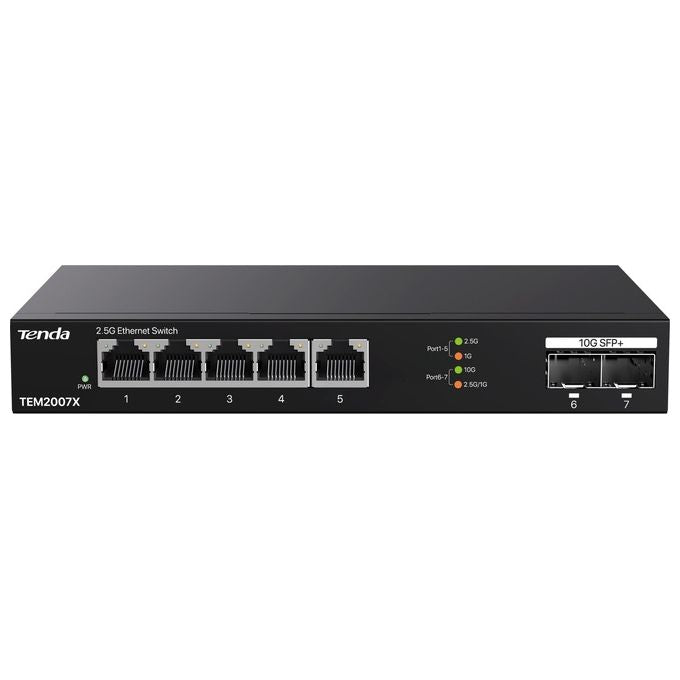Tenda TEM2007X Switch Ethernet 2.5G 5 porte RJ45 2.5 Gbps 2 porte SFP+ 10 Gbps Plug and Play senza ventola colore Nero