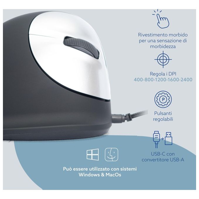 R Go Tools RGOHE Mouse Ergonomico Verticale per Destrorsi 5 Pulsanti 2400 DPI USB Tipo-A Nero