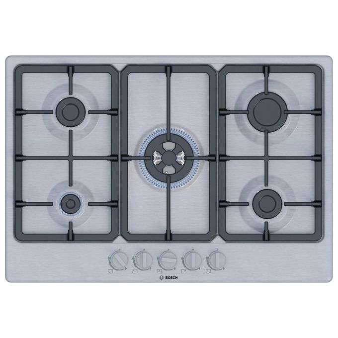 Bosch PGQ7B5K90 Serie 4 Piano cottura a gas 75 cm 5 fuochi Bruciatore Wok 3300 W Griglie in ghisa colore Inox