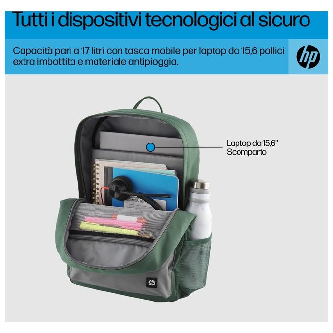 HP 7J595AA Campus Green Zaino per Notebook 15.6'' Resistente all'Acqua Scomparto Imbottito colore Verde