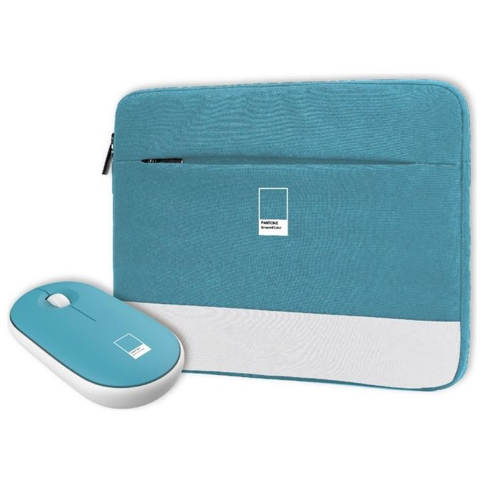 Pantone PT-BGMS001G1 Bundle Custodia Sleeve Porta PC 15.6'' e Mouse Wireless Poliestere colore Azzurro