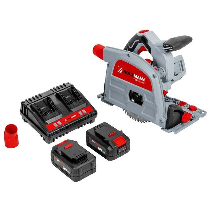 Holzmann TAS165AKKU Sega Circolare a Immersione a Batteria 2x20V 40V Totale 5 Livelli Velocita' Lama 165 mm Inclinazione -1 a 47° con 2 Batterie 4 Ah colore Nero Grigio Rosso