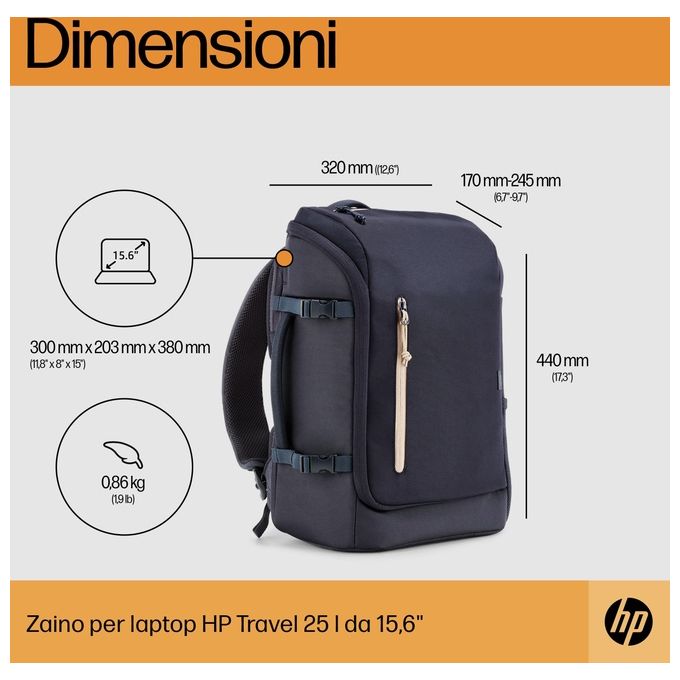 HP 6B8U4AA Zaino Travel 25 L per Laptop fino a 15'' con Comparto Imbottito Espandibile e Materiale Riciclato colore Grigio Siderurgico