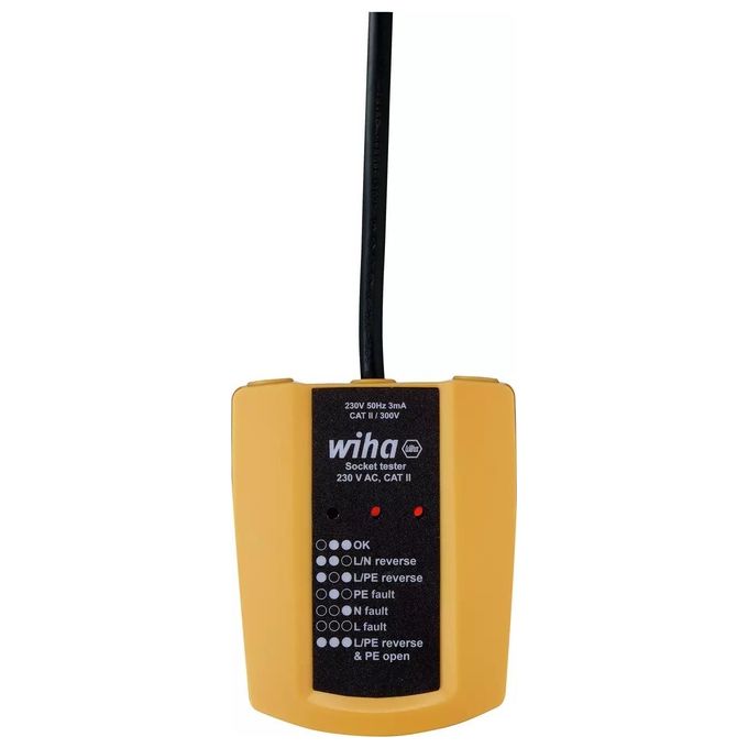 Wiha 45220 Tester per prese elettriche 230 V AC CAT II 300V LED con cavo flessibile 30 cm colore Giallo-Nero