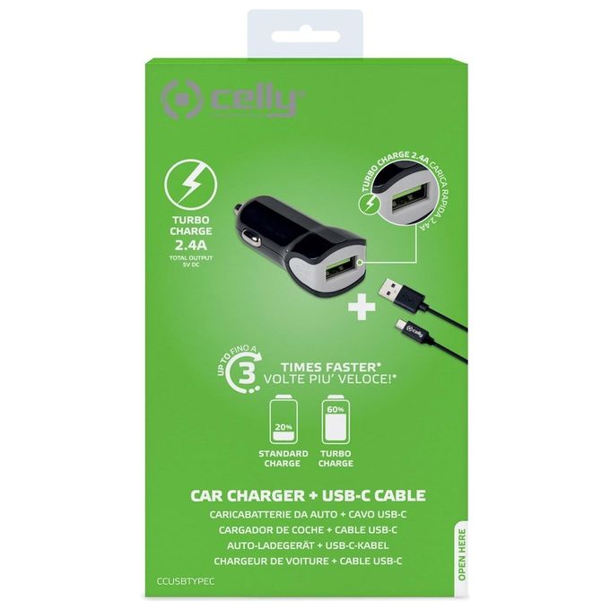Celly CCUSBTYPEC Caricabatteria da Auto Universale con Cavo USB Tipo C Nero